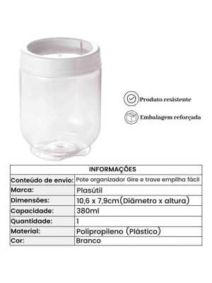Pote Organizador Gire e Trave Plasútil 380ml com Tampa Hermética Empilhável para Temperos e Alimentos