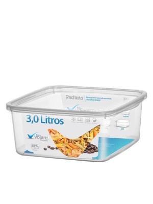 Pote Quadrado Volare 3 Litros Transparente Plástico Resistente com Tampa para Armazenamento e Organização de Alimentos