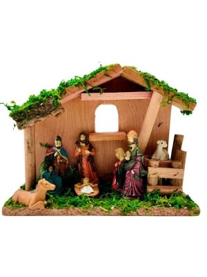 Presépio Resina e Madeira 20x8x15cm Decorativo Natalino Artesanal com Base Rústica para Mesas Estantes Aparadores e Vitrines