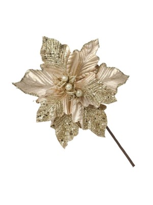 Flor Xmas Shine Pétala Dourada com Glitter – Enfeite Natalino Elegante para Árvore e Decoração de Mesa