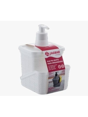 Porta-Detergente e Esponja Branco com Pump – Organizador para Pia de Cozinha com Textura Rattan, Suporte para Esponja e Reservatório para Sabão Líquid