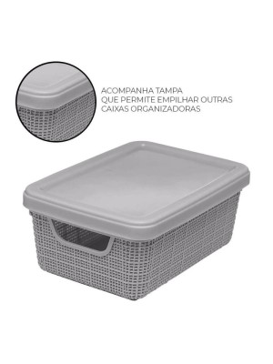 Caixa Organizadora Juta 1,8L Cinza com Tampa – Caixa Plástica Decorativa para Organização de Banheiro, Quarto, Cozinha, Escritório e Closet