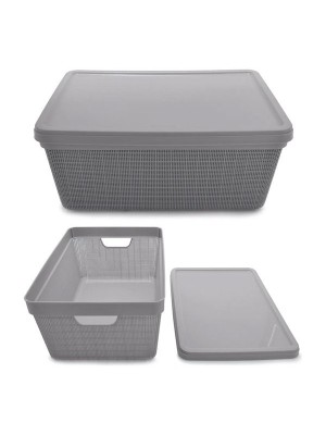 Caixa Organizadora Juta 5L Cinza com Tampa – Caixa Plástica Decorativa para Organização de Banheiro, Quarto, Cozinha, Escritório e Closet